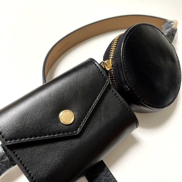 Michael Kors Double Pouch Belt Bag Black Leather MK Logo Waist Fanny Pack NWT - Picture 3 of 9